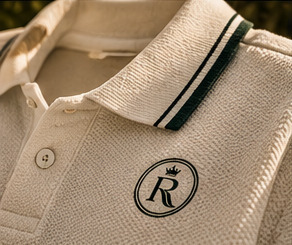 Ivory knit polo with forest-green collar stripes and the crowned R emblem