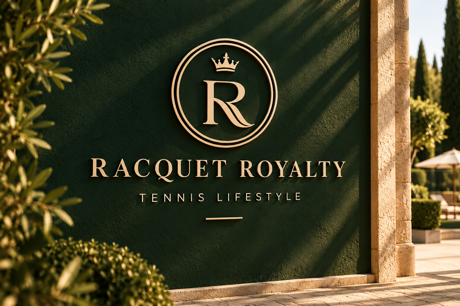 Racquet Royalty crowned R emblem and wordmark on a forest-green wall at golden hour
