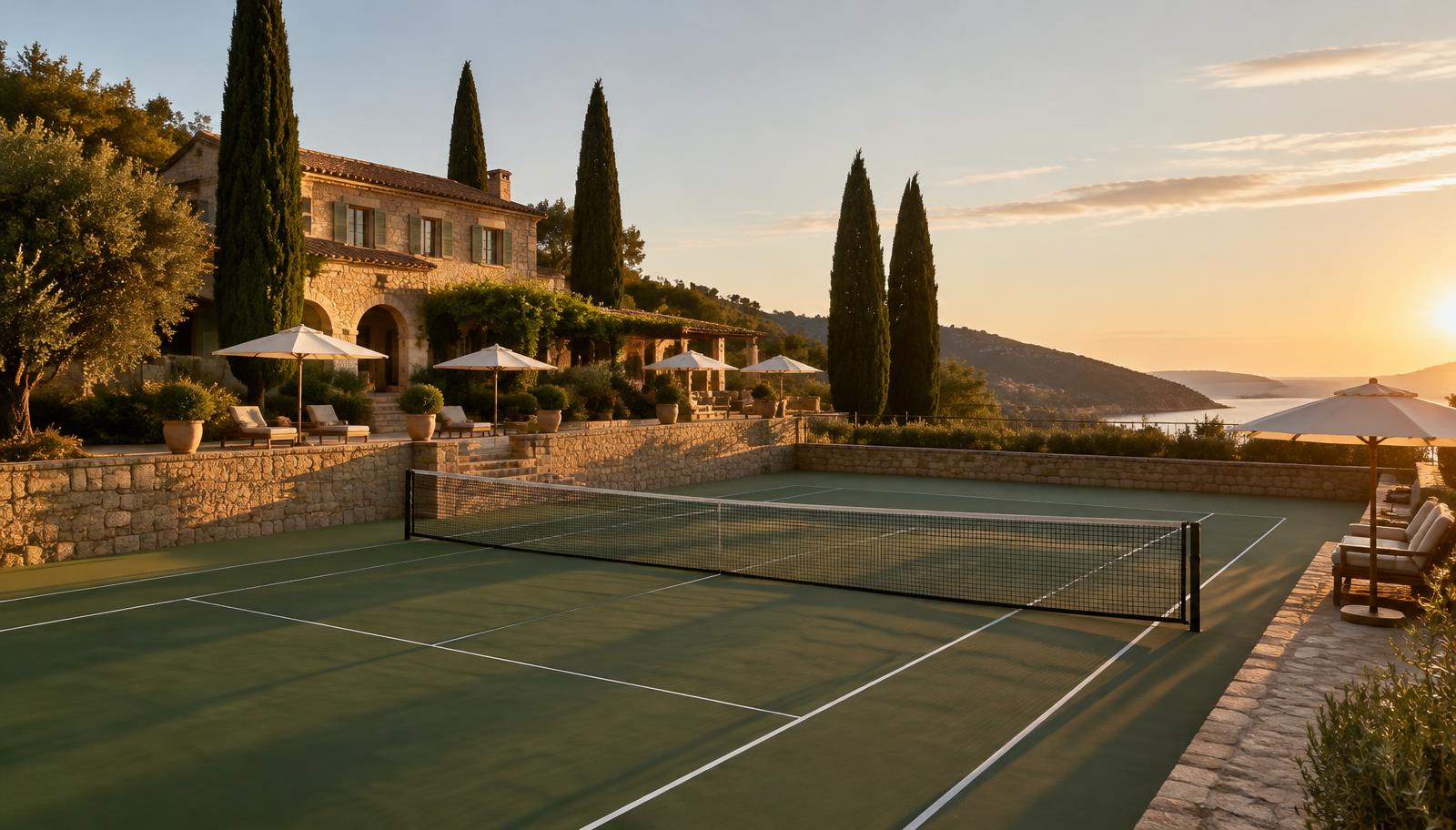 A Mediterranean villa tennis club with cypress trees and parasols at sunset